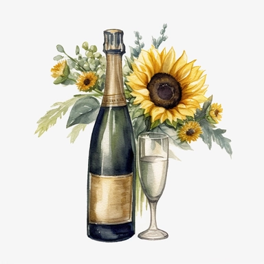 watercolor sunflower champagne bottle, Etsy, textured, clipart, white background