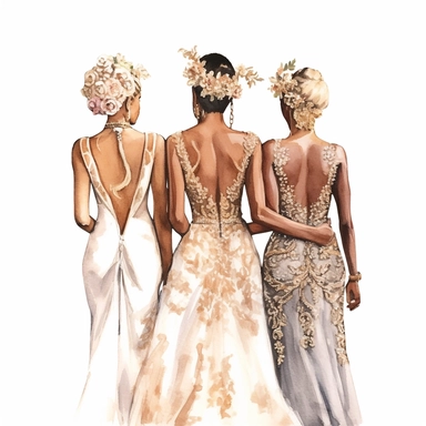 glamour dolce & gabbana half body back shot, watercolor white wedding dress bride wedding black bride hairstyle with beautiful gold headpiece clipart, + two african american bridesmaids in boho dress, hd, isolated on white background, spaced out ar 3:2