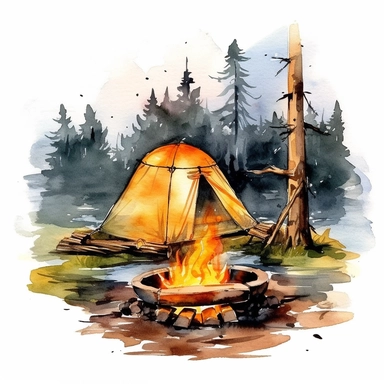 watercolor clipart of bonfire in a camping site