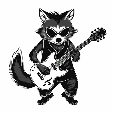2D Black logo on a white background. Medieval, racoon playing guitar with sunglasses. Hardrock Clipart. NO SHADING. KEEP THE LOGO SIMPLIFIED