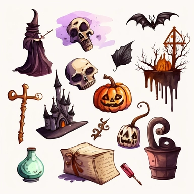 random halloween items. generate new ideas each time. some cartoonish design and some watercolor. and some of both. white background. no tags. CLIPART!!