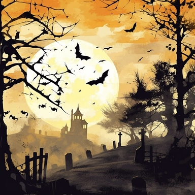 haunted cemetery on halloween night, bats in sky, ghosts flying over damaged tombstones, shilhouettes of trees and bats, clipart, watercolor style--q2--v5.1--s1000
