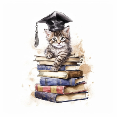 Envision a mischievous clipart kitten balancing a stack of books on its head, its tail wagging playfully, showcasing its cleverness and agility against a white background.