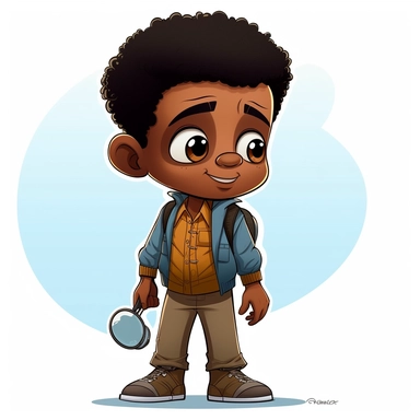 Cartoon black male kid, thinking expression, holding a magnifying glass. Vector clip art illustration with simple gradients. Each on a separate layer,