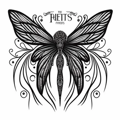 dragonfly fairy wings in art nouveau style, black lines, detailed, flat design, white background, clipart style, black and white,