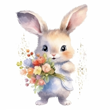 Watercolor bunny holding bouquet of wild flowers clipart, childlike innocence and charm, big and adorable eyes, cute and charming expression, funny and floppy ears, rosy cheeks, shy bunny, foreboding colors, valentines day themed, white background, high quality