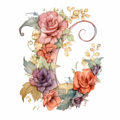 the outline of a handwritten letter L made of roses, flowers, buds and leaves in beautiful cursive font for a wedding in Hawaii on white background, clipart, vintage solid colors, no shadow, clear edges