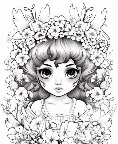 Adorable, cute bi-racial crystal Fairy, with wings, in a meadow of shimmering crystal flowers, Kawaii for a childrens book, cartoon style, thick lines, black and white, no shading, line drawing illustration, no kid faces, no duplicate faces, blurry, drawing, cartoon, illustration, painting, concept art, cgi, unreal, anime, black&white, b&w, picture frame, deformed, bad anatomy, disfigured, poorly drawn face, mutation, mutated, extra limb, poorly drawn hands, done by bad-artist, ugly, dazed, 3D r