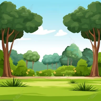 Cartoon, childrens book illustration, clip art, simplistic flat art vector image of a flat green grassy jungle area with trees around a clearing, blue sky, hd, no watermark