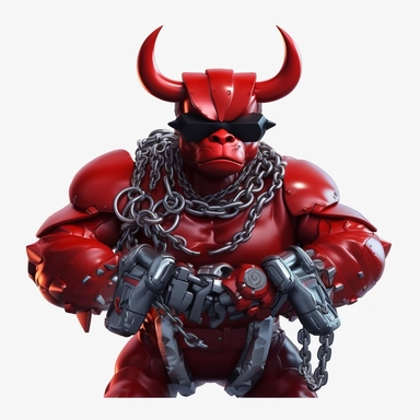The image protrudes from the bottom edge. realistic picture of A red robotic bull warrior wearing a black shirt with a necklace and sunglasses slung over a firearm. all white background minimal simple clip art