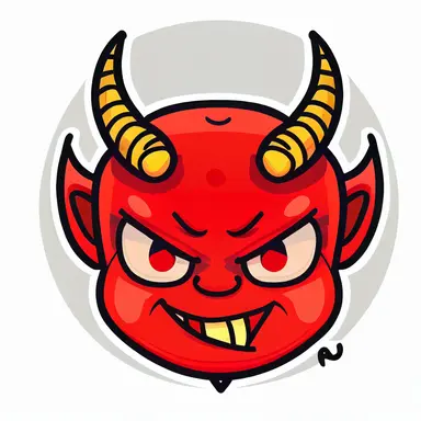a cartoon devil with big eyes and horns, a character portrait, reddit, clipart, he is smiling, red contact lenses, cheeky devil, webcam footage, small demons, ape, helmet removed, lemon demon, developers, face shown, 1 0 0 m, clear image, mohawk, emote, 2010s