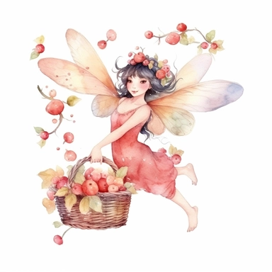 hand drawn cute fairy flying with a basket of apples, with blossoms, coquette style, glamorous, watercolor, white background with margins, clipart style