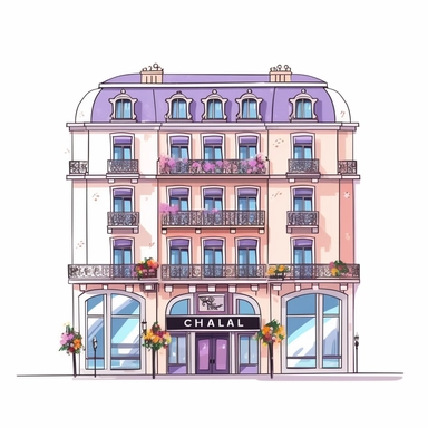 hotel building, drawing, clipart style, flat style, chanel style, pastel colors, isolated on white