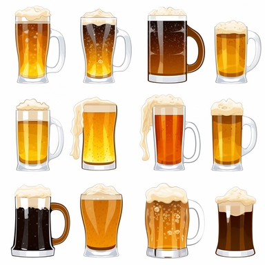 beer mug, beer mugs clinking, beer mugs cheers, clip art, White background, 15 different designs in one frame