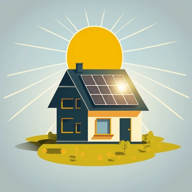 house with solar panels on it, in a field with sun shining, clipart