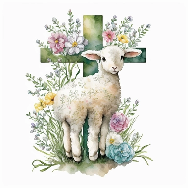 watercolor Easter cross, cute lamb with two ears and four legs, flowers, Easter element, clipart, on white background