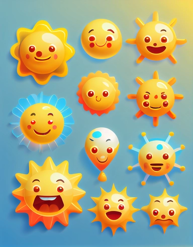Vector sun emotion cartoon character set faces yellow suns solar funny childish abstract vector clipart-3d clean background vetor pastel color holographic