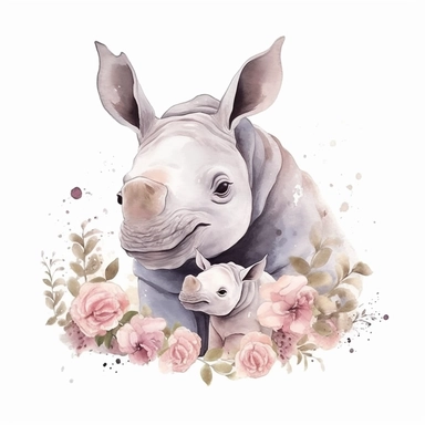 Cute floral illustration, realsitic adorable baby Rhino hugging his mom happy clipart, nursery style clipart, Nursery Animals Art, Kids Wall Art, Kids Room Decor, Baby Room Decor, isolated on white, ultra - detailed, high quality, ghibli style, award winning