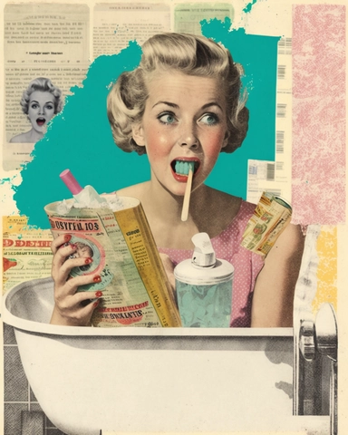 woman from the 1950s, tired woman, brushing teeth, mixed media, sitting on bathtub, bathroom, toothpaste, bathtub, brushing teeth, collage, arts and crafts, mixed media, magaine style, retro, vintage, surreal, newspaper clippings, layered collage, scrapbooking, 8k, collage, scrapbook, photography