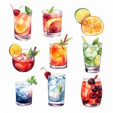 Alcohol cocktail collection. Watercolor illustration. Drinks clipart set on white background