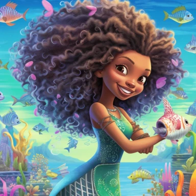 a dark complexion, a mermaid with afro textured hair, age 6, with a ultra vivid fin, grows a lavishly beautiful mermaid tailfin, under the sea in the ocean, surrounded by marine life, full body, hyperrealistic, photorealistic, vivid color, pixar cartoon, coloring book, detailed, ultracrisp imagine, ultra realistic, hand drawn, clipart