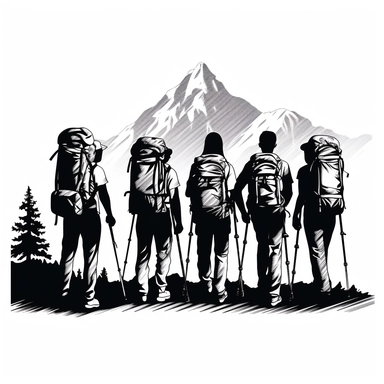 5 hikers with backpacks on standing side by side holding each other with their arms over their shoulders, isolated black on white clip-art