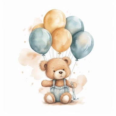 Cute teddy bear clipart, girl teddy, boho teddy bear, teddy bear on white background, HD, soft color, holding balloons, sleeping on the clouds