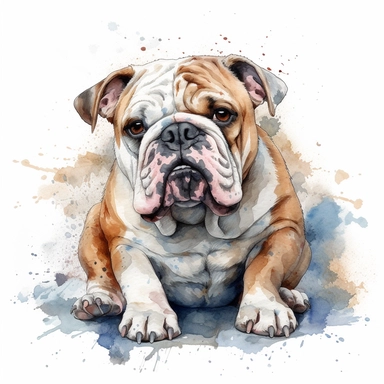 watercolor illustration of a cute English Bulldog dog, watercolor clipart, in the style of 32k uhd, realistic animal portrait, white background, png