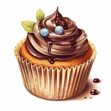 Design a clipart image of an chocolate cupcake in a watercolor style, with chocolate decoration and a topping. You can also add some colorful candy or chocolate chips to make it more attractive. You can add white flowers and green leaves to the design.