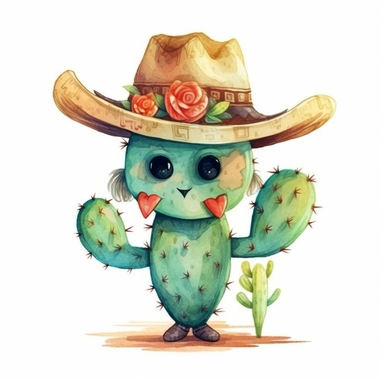 a cute cactus with a sombrero and a mustache, heart, watercolor clipart design, super cute, isolated white background, high quality, 2d, vector, flat
