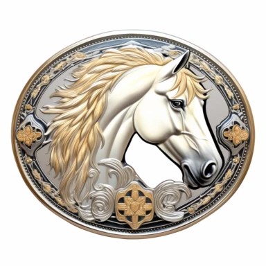 Oval western belt buckle in silver and gold with Horse Head print, watercolor, clipart, illustration, white background, digital painting, paper crafting, no signature, no text