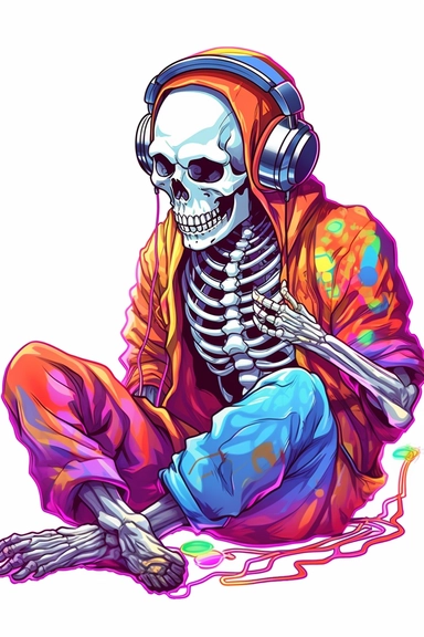Skeleton playing video game, wearing headphones, playstation, very vibrant colors, cartoon style, white background, clipart, colorful, HD