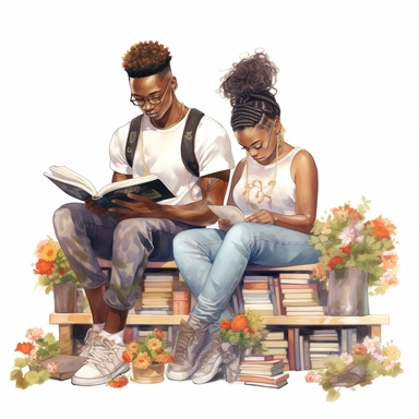 black, African American teen boys and girls reading in a library surrounded by books and daisies clipart, relaxed attired, messy buns, sweats, shorts, tshirts, watercolor style, hyper realistic, detailed, white background