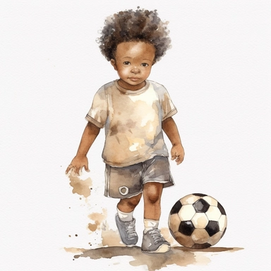 soccer tights watercolor childish sweet cute boy with dark skin clipart football neutral color creme beige with white background--upbeta