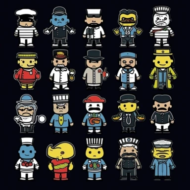 a set of black line clipart inspired by fast food and vampires and muppets and Funko Pop toys