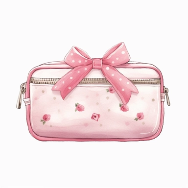 Travel Watercolor Clipart, small cosmetic bag, 19 Pink girly, single object, isolated on white background, highly detailed, hand painted watercolor illustration by Cath Kidston, Emma Bridgewater, white background for removing background - - no text shadow font watermark