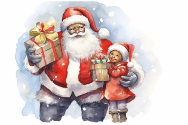 black santa bringing christmas presents to little children, watercolor clip art