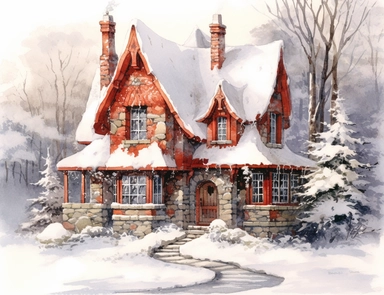 stunning red fairytale Christmas cottage in snow , beautiful Christmas clipart, soft faded colors, beautiful watercolor art by Marjolein Bastin, Thomas Kinkade, Carl Larsson, Norman Rockwell, Susan Wheeler, white background