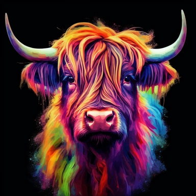 VERY COLORFUL highland cow, fully visible anamial, whole animal, no image cropping, clean borders, , wwatercolors resembling, super clear, WATERCOLOR, Sublimation, PNG, Digital Clipart, 16K, hyper detailed, PLAIN BLACK BACKGROUND, PNG, AR 8:12 no clipping