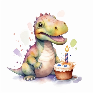 High resolution, cute dinosaur holding birthday cake, watercolor clipart, completely white background