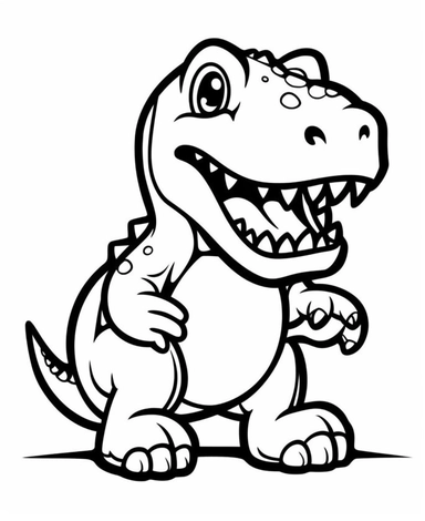 Sticker Clip Art of a cute T-Rex for Childrens Coloring Book Page, simple vector lines, children friendly, illustrated in a playful and style in black lines with white background, perfect for any special occasion, cut out in the shape of a T-Rex, with no visible background, giving it the appearance of a sticker, conveying a mystical and whimsical mood, edited with Adobe Photoshop to adjust brightness and contrast, rendered as a transparent PNG file with a high resolution to ensure a crisp and cl
