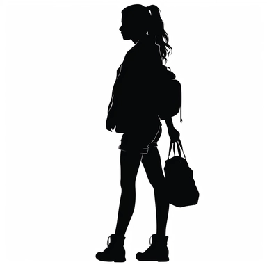 clipart teenage girl silhouette in black with a bag in hand white background