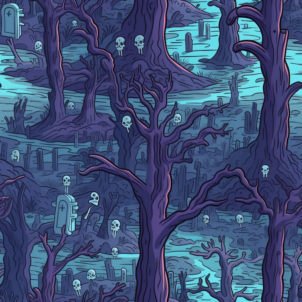 a cartoony clipart drawing of a spooky foggy graveyard with tall gnarly ...