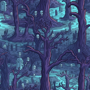 a cartoony clipart drawing of a spooky foggy graveyard with tall gnarly dead trees