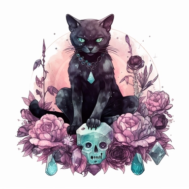 hand drawn black cat, sitting with front paw resting on a skull, flowers and crystals, shades of burgundy purple and teal, romantic and edgy, very detailed and realistic, watercolor, clipart style