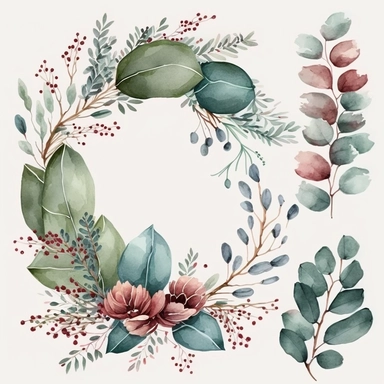 Watercolor Eucalyptus wreath Clipart with cranberries and cones