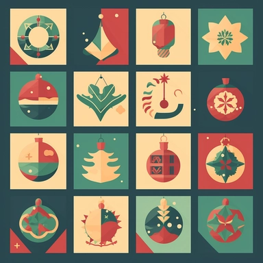 A collection of festive holiday icons (content) in a digital vector clipart style (medium) inspired by seasonal celebrations and decorative elements (style) with crisp, flat lighting (lighting) using a color palette of traditional holiday colors, such as reds, greens, golds, and whites (colors) featuring a variety of symbols, such as a snowflake, Christmas tree, ornament, and gift box, designed with smooth lines and a cheerful style, isolated on a transparent background, perfect for enhancing ho