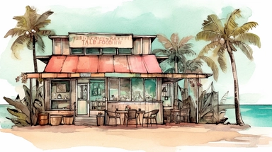 Beach Coffee shop clipart water color aqua retro style