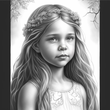boho little girl, princess aurora, portrait, pose, very detailed and realistic, greyscale, clear image, withe background, clipart style