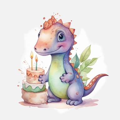 High resolution, cute dinosaur holding birthday cake, watercolor clipart, completely white background